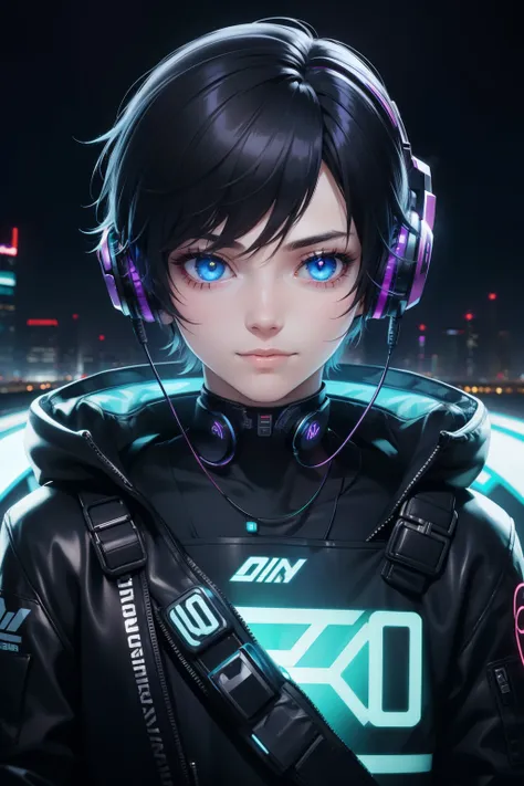 1boy, (extremely beautiful), solo, male focus, cyberpunk, neon lights, vibrant colors, headphones, cyberpunk, neon, masterpiece,...