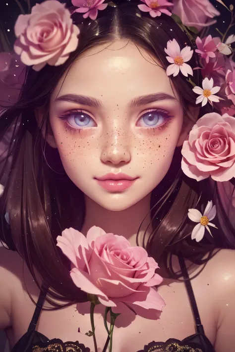(This is a beautiful, intricate, (romatic) fantasy image that emphasizes beauty and grace.) Generate a blind curvy woman with milky eyes and soft natural freckles. Her face is important and should be (perfectly formed) with (beautiful puffy lips) and (perf...