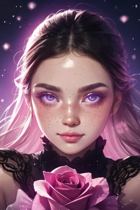 (This is a beautiful, intricate, (romatic) fantasy image that emphasizes beauty and grace.) Generate a blind curvy woman with milky eyes and soft natural freckles. Her face is important and should be (perfectly formed) with (beautiful puffy lips) and (perf...