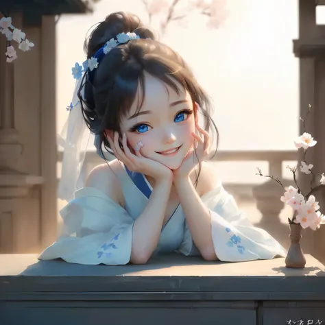 Anime girl with blue eyes and white dress posing for photo, Cute numbers, Cute numbers艺术, Realistic cute girl, palace ， Girl wearing Hanfu, Smiling sweetly, Cute anime girl, Lovely portrait, Lovely and detailed digital art, Beautiful character painting, be...