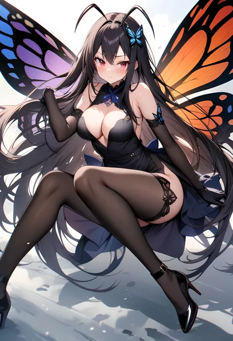 masterpiece, best quality, very aesthetic, absurdres, intricate, overall detail,  
kuroyukihime, accel_world, 1girl, antennae, black_footwear, black_gloves, black_hair, blush, breasts, butterfly_wings, cleavage, dress, duel_avatar, elbow_gloves,gloves, hai...