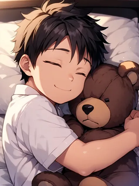 1 boy,6 years old,shota,big teddy bear,hug,cute,smile,sleep,close eyes,shirt,upper body,(lie in bed),detailed skin,masterpiece