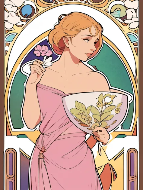 8K.Poster illustration in Alphonse Mucha style, pintura plana, Hermosa mujer occidental con vestido largo hasta el tobillo lila, Emmawatoso,sosteniendo un ramo de lirios blancos,cuerpo completo como,corpo esguio,descalzo,Arte nuevo, Plantas en el fondo, nf...