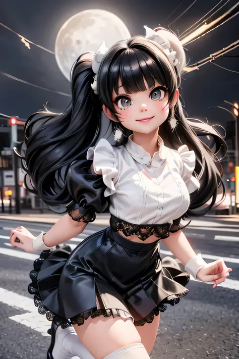 a Senorita Bonita horned demon smiling, black hair, very large hair, short puffy sleeves, lace cloth crop shirt, (((crop shirt))), bubble lace cloth skirt, (((white) socks)), (black) patent leather ((pumps)), fashion hairstyle, ((hair ornaments)), gems ear...