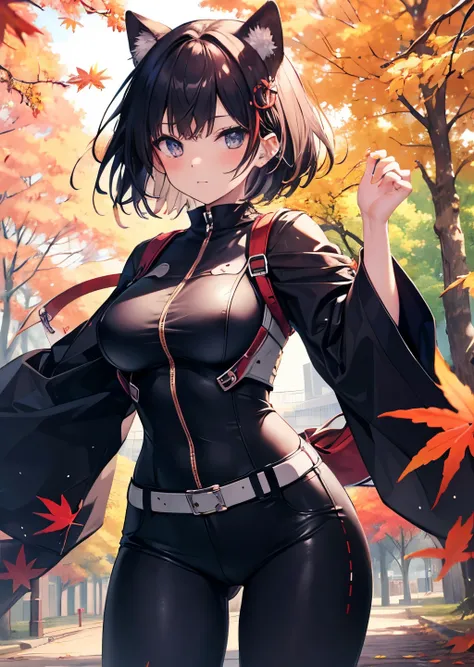 best quality, masterpiece, high resolution, japanese punk,//A park filled with autumn foliage, lady wearing bodysuit, dynamic pose