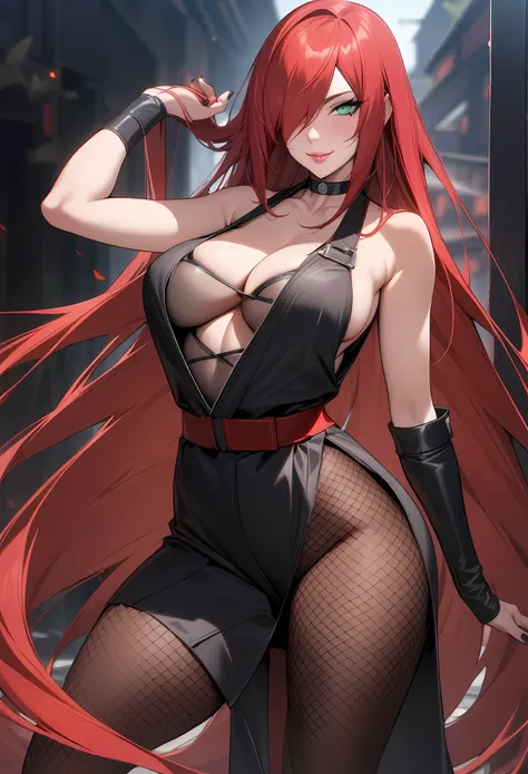 masterpiece, best quality, very aesthetic, absurdres, intricate, overall detail,  
terumi_mei, naruto_(series), naruto_shippuuden, 1girl, absurdly_long_hair, bare_shoulders, breasts, red_hair, cleavage, collarbone, contrapposto, fishnets, green_eyes, hair_...