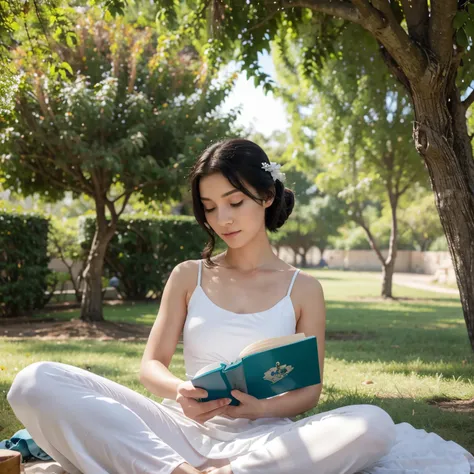 A cartoon avatar wearing white long dress reading a book under a tree