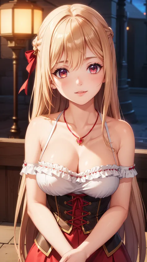 1girl, natural lighting, masterpiece, highly detailed, illustration, game CG, absurdres, high quality, beautiful detailed eyes, glossy lips, natural lighting, medium breasts, klaudia valentz, collarbone, cleavage, corset, red dress, light smile, night, neo...