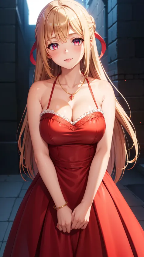 1girl, natural lighting, masterpiece, highly detailed, illustration, game CG, absurdres, high quality, beautiful detailed eyes, glossy lips, natural lighting, medium breasts, klaudia valentz, collarbone, cleavage, jewelry, necklace, blush, red dress, light...