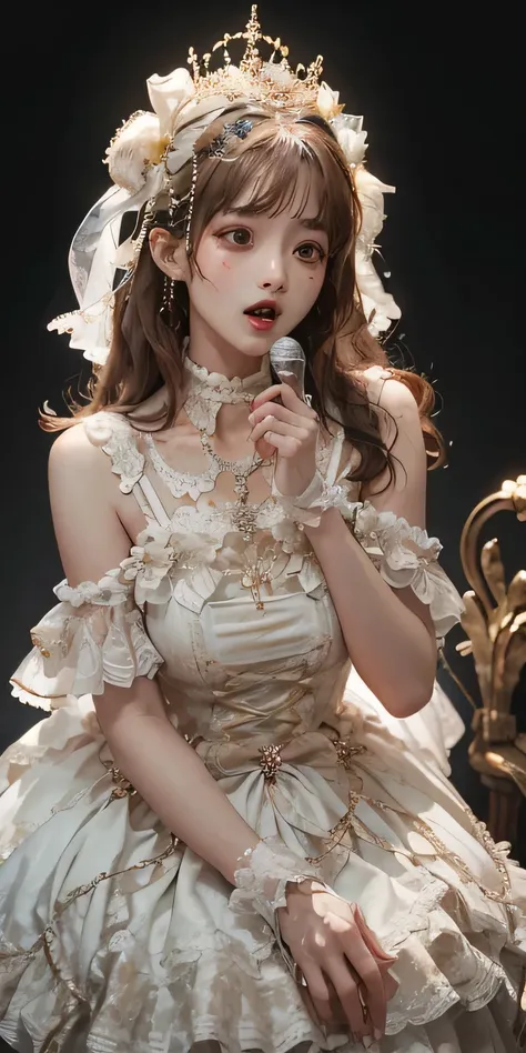 highest quality, 超High resolution, (Realistic:1.4), masterpiece, High resolution, original, Highly detailed wallpaper, 
Singing enthusiastically on stage、
One girl, alone, Start (manaka nemu), White Dress, 
whole body, hand on anothers,