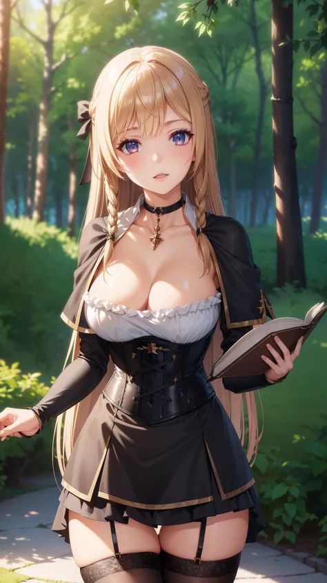 1girl, natural lighting, masterpiece, highly detailed, illustration, game CG, absurdres, high quality, beautiful detailed eyes, glossy lips, natural lighting, medium breasts, klaudia valentz, forest, collarbone, choker, (black corset, witch dress, thigh hi...