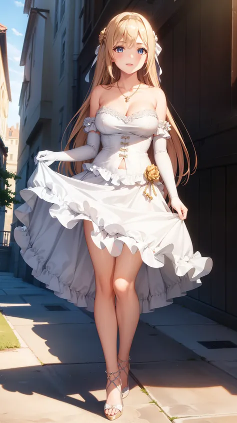 1girl, natural lighting, masterpiece, highly detailed, illustration, game CG, absurdres, high quality, beautiful detailed eyes, glossy lips, natural lighting, medium breasts, klaudia valentz, strapless wedding dress, elbow gloves, high heels, outside, stan...