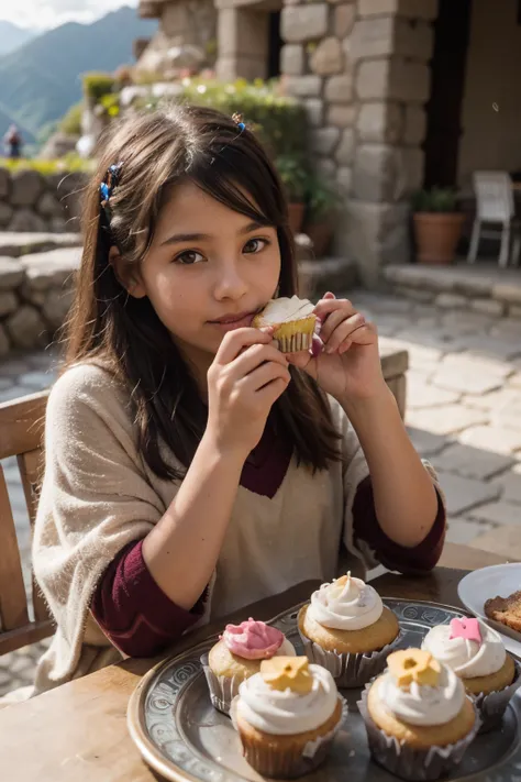 (an 8 year old girl with colorful poncho eating vanilla cupcakes in machu picchu cusco )