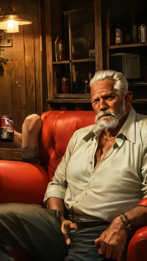 a picture of an old man sitting on an old red couch watching television;holding a can of beer and smoking cuban cigars inside of...