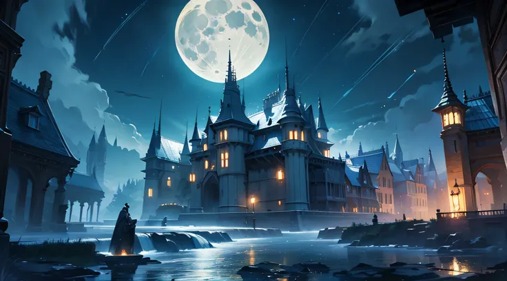 ((best quality)), ((masterpiece)), (detailed), in the night, in the light of the moon, volumetric lighting, , Masterpiece, Best quality, sky, raining , a flowtting land
