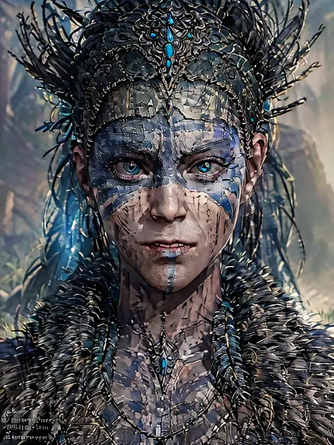 create an incredible 4k image of senua from “hellblade 2” in a striking and unique game environment. senua should be portrayed w...