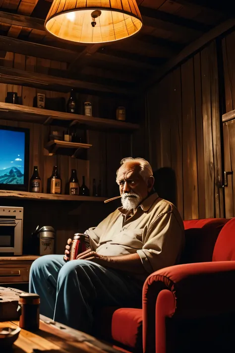 A picture of an old man in an old hut;sitting on an old red couch;holding a can of beer in on hand;smoking Cohiba cigar with other hand;watching television;