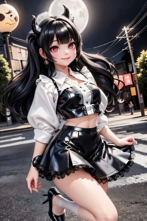 a senorita bonita horned demon smiling, black hair, very large hair, short puffy sleeves, lace cloth crop shirt, (((crop shirt))...