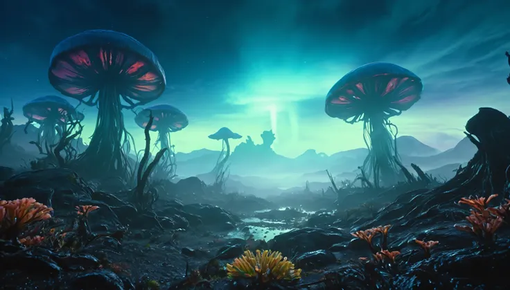 alien desolate landscape, ((watercolor)), lush alien flora, dramatic lighting, vibrant colors, moody atmosphere, masterpiece, 8k, hyper detailed, cinematic composition, volumetric fog, glowing alien mushrooms, twisted alien trees, alien fauna, bioluminesce...