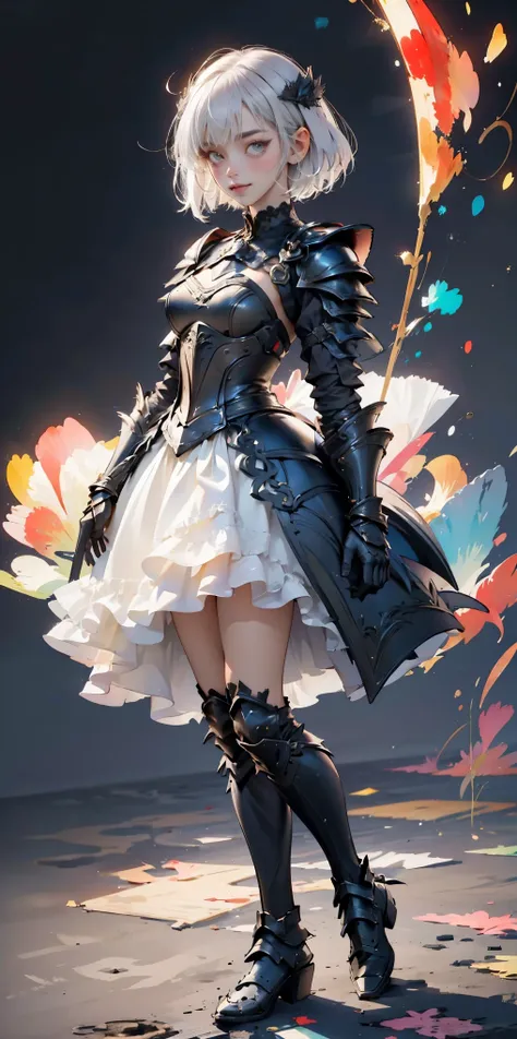 (gray background)(masterpiece) ultra-detailed solo 1girl hands on sides medium breasts, (full body standing), RED EYES detailed eyes, full plate armor, confident smile, staring at the viewer, silver white hair, short bob style hair