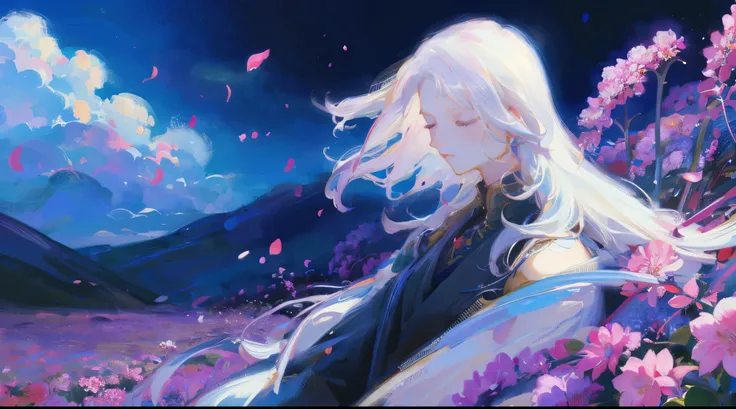 Boy, White hair, shoulder-length hair, closed eyes, sad look, Expensive suit, background field of flowers, Art Style, drawing, painting.
