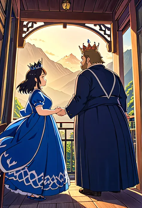 Imagine a fat prince in black dress and fat princess in deep blue dress standing and holding their hands together with their crown on their head facing mountain on balcony in anime; studio ghibli; japanese anime style; vibrant; artstation; high quality