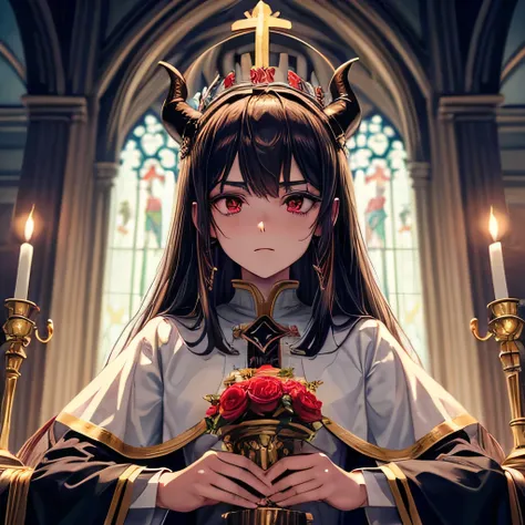 Crie uma imagem de uma (FEMININO) "Satan Crown". The character should be an intriguing mix between a classic demon and a church altar boy.. He must have traditional elements of Satan, como chifres, cauda pontiaguda e pele vermelha, but also wear an altar b...