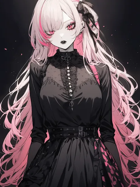 young woman, pink hair, dark makeup, black lips, black clothes