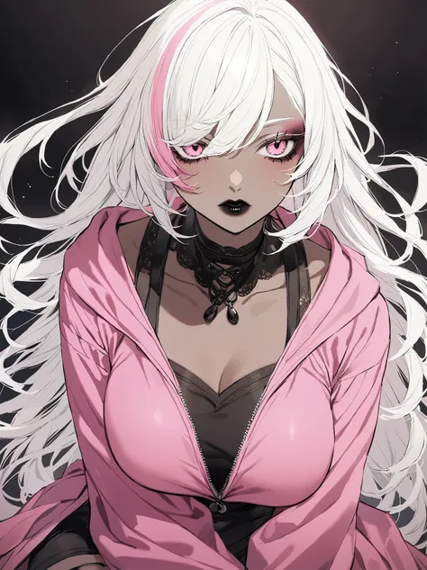 young woman, dark skin, white hair, dark makeup, black lips, pink clothes.