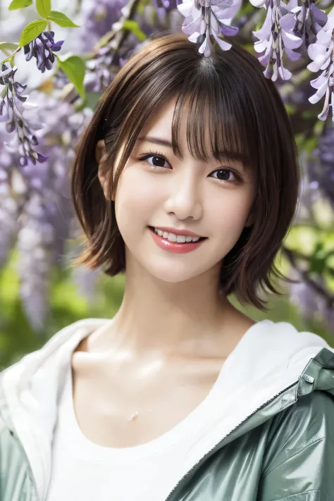 One Girl, (Wear a raincoat:1.2), (Beautiful Japanese idol portrait photos),
(Under the wisteria trellis:1.3), (Wet with rain:1.2),
(RAW Photos, highest quality), (Realistic, photo-Realistic:1.4), masterpiece, 8K Portrait,
Very delicate and beautiful, Very...