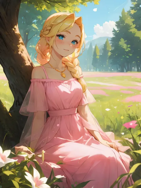 (masterpiece, best quality),1girl with braided blonde hair sitting in a field of green plants and flowers, woman with blonde hai...