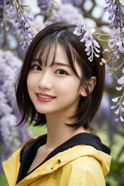 One Girl, (Wear a raincoat:1.2), (Beautiful Japanese idol portrait photos),
(Under the wisteria trellis:1.3), (Wet with rain:1.2),
(RAW Photos, highest quality), (Realistic, photo-Realistic:1.4), masterpiece, 8K Portrait,
Very delicate and beautiful, Very...