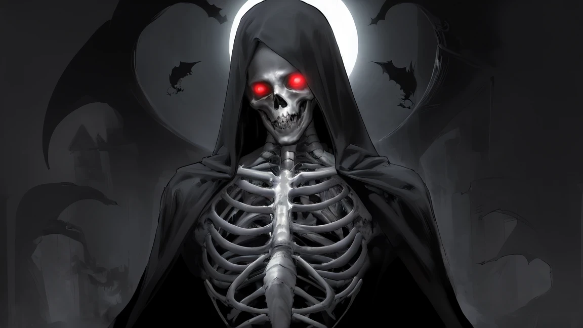 (black, dark, ominous),(best quality, highres),(detailed, ultra-detailed),(grim reaper),(scythe),(sinister, haunting),(shadows),...