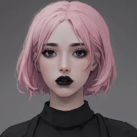 young woman, pink hair, dark makeup, black lips, black clothes