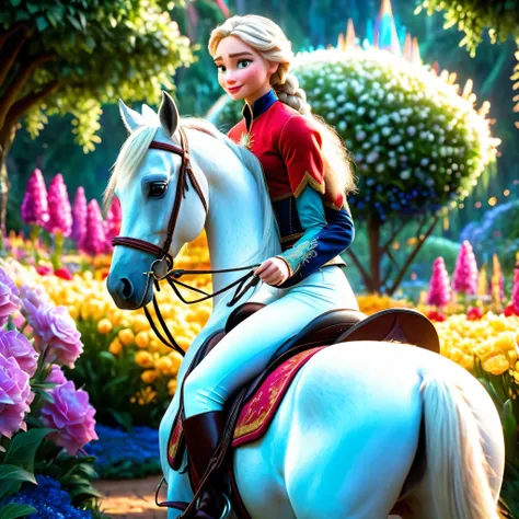A girl riding a horse, with Elsa from "Frozen 2" as the main subject. The girl has beautiful detailed eyes, white leggings,beautiful detailed lips, and an extremely detailed face. Her eyelashes are long. The horse is majestic and powerful. The scene is set...