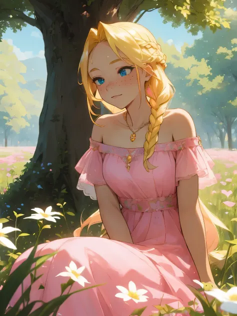 (masterpiece, best quality),1girl with braided blonde hair sitting in a field of green plants and flowers, woman with blonde hai...