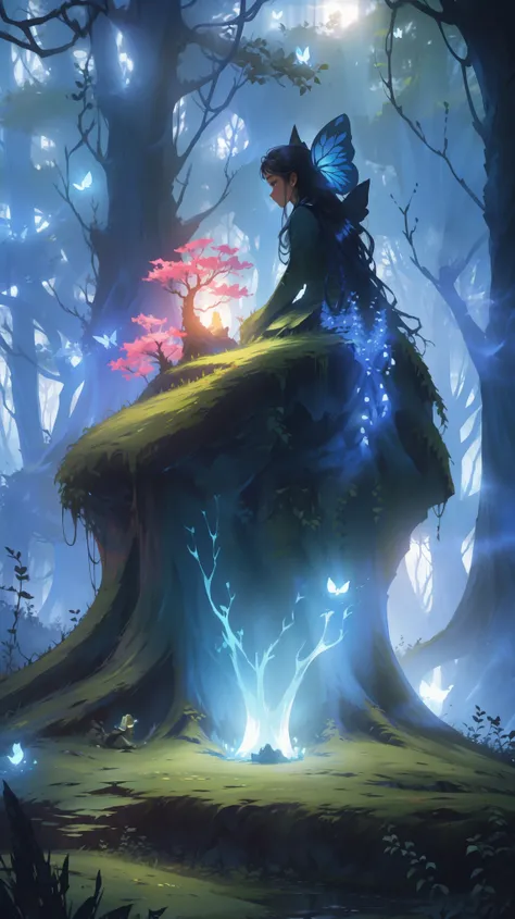a fantasy journey, girl in a magical forest, beautiful detailed eyes, beautiful detailed lips, extremely detailed face and features, long eyelashes, elegant dress, fantasy butterfly, glowing fireflies, colorful mushrooms, ancient tree, sunbeams through lea...