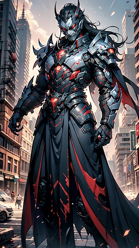 A man wearing a full-face helmet, a fantasy-style biotech armored combat suit, green eyes, (a composite layered chest armor), fully enclosed shoulder guards, matching arm and leg guards, the belt is adorned with fangs biting into gemstone, (the color schem...