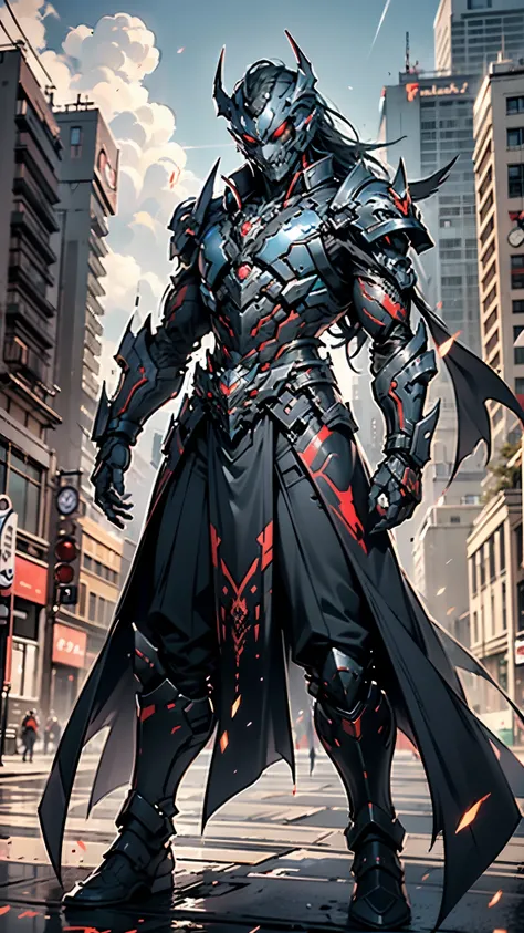 A man wearing a full-face helmet, a fantasy-style biotech armored combat suit, green eyes, (a composite layered chest armor), fully enclosed shoulder guards, matching arm and leg guards, the belt is adorned with fangs biting into gemstone, (the color schem...