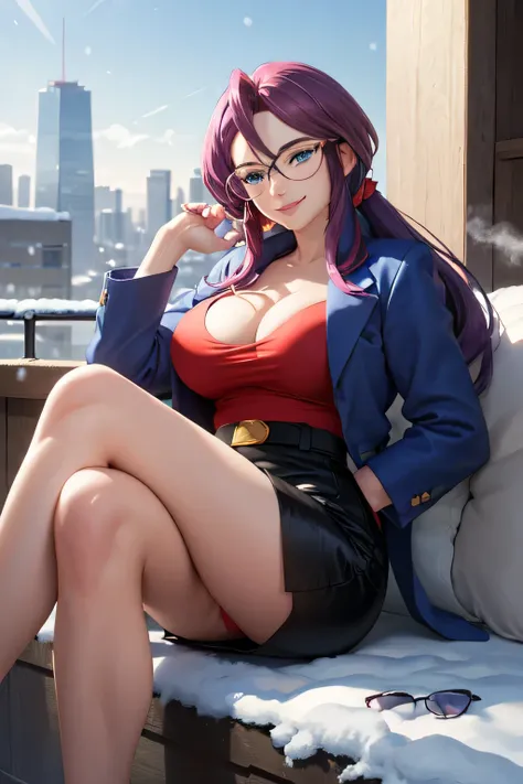 masterpiece, best quality,  animeLorelei, purple hair, blue eyes, hair between eyes, glasses, blue jacket, red shirt, cleavage, belt, pencil skirt, large breasts, smile, looking at viewer, sitting, around her big legs, crossed legs, winter, cityscape, snow...