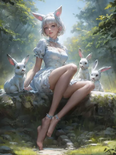 ((masterpiece,best quality)),1girl, solo, animal ears, rabbit, barefoot, knees up, dress, sitting, rabbit ears, short sleeves, l...