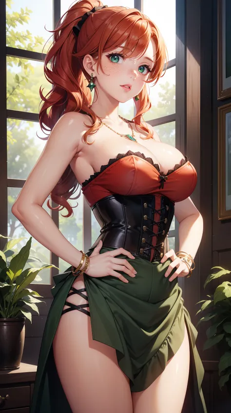 1girl, natural lighting, masterpiece, highly detailed, illustration, game CG, absurdres, high quality, beautiful detailed eyes, glossy lips, natural lighting, medium breasts, redhead, curly hair, ponytail, bangs, green eyes, freckles, strapless corset, han...