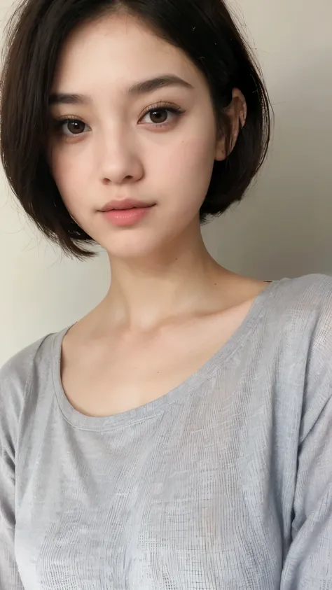 un primer plano de una mujer con el pelo corto y negro, con pelo corto, 🤤 girl portrait, small heart shaped face, pale round face, con labios muy finos, joven y adorable rostro coreano, con cara linda - fina, korean symmetrical face, preciosa cara delicada...