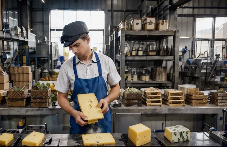 a cheese factory with worker hiding some ingredient added to the chesse