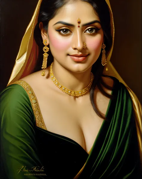 Beautiful Indian Woman, wearing saree, sari Beauty, gorgeous, Apsara, Maharani, royal queen woman, nymph from Hindu Mythology, Urvashi, matchless beauty, Highly detailed, Oil Painting by Peter Paul Rubens inspired by Raja Ravi Varma, Matchless beauty, capt...