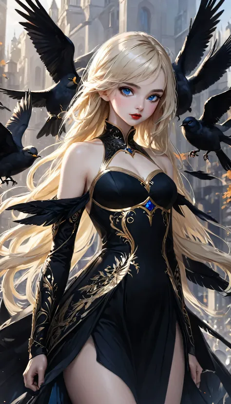Woman, 1girl, Blue eyes, red lips, Black dress with Golden details, full body, warrior, black birds, white birds, very aesthetic, natural light, intricate, masterpiece, absurdres, best quality, extremaly detailed eyes, gothic, elf, armor, ((long hair)), ((...