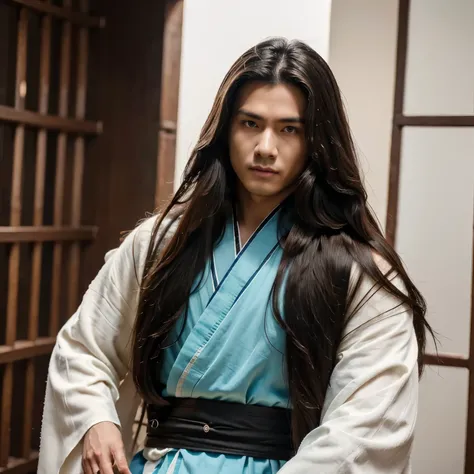 warrior，young man、juvenile、long hair、long hair、Hanfu，robe，Handsome Face Shape，handsome man、lively、swordsman without katana