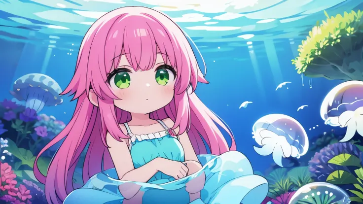 A girl with long pink hair and green eyes wearing a swimsuit, In the water, Are sleeping, jellyfish