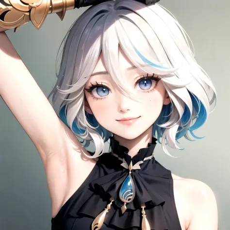 ((best quality)), ((masterpiece)), (detailed), perfect face. Asian girl. Smile. White hair. Armpit.