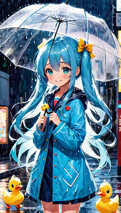 Anime girl with umbrella and duck in the rain, Light blue long hair、Twin-tailed Girl, Adorable smile cute anime, Splash art anime , Cute Anime Girl, Gweitz, on a rainの日, After it rains and there are no girls, rainの日, under the rain, Cute art style, rain, a...